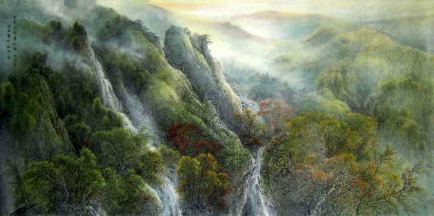 山川锦绣重彩山水画