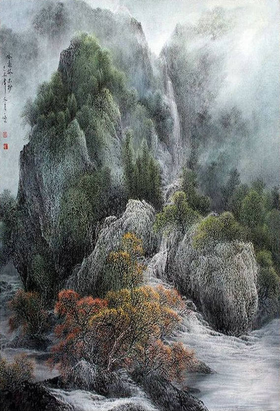 山川锦绣重彩山水画