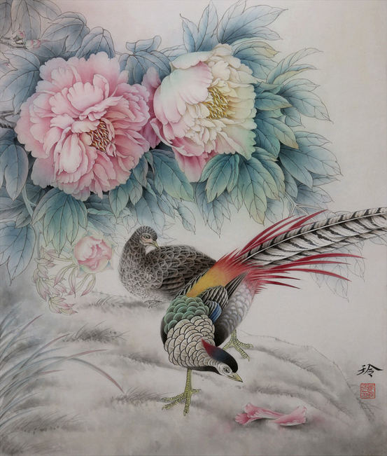 工笔锦鸡牡丹画