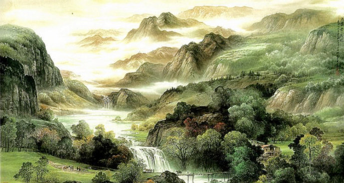 青山秀水彩墨山水画